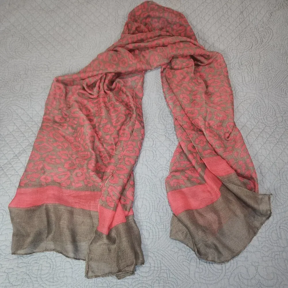 Pink and Gray Cotton Scarf Animal Pattern Lightweight Soft Spring Wrap